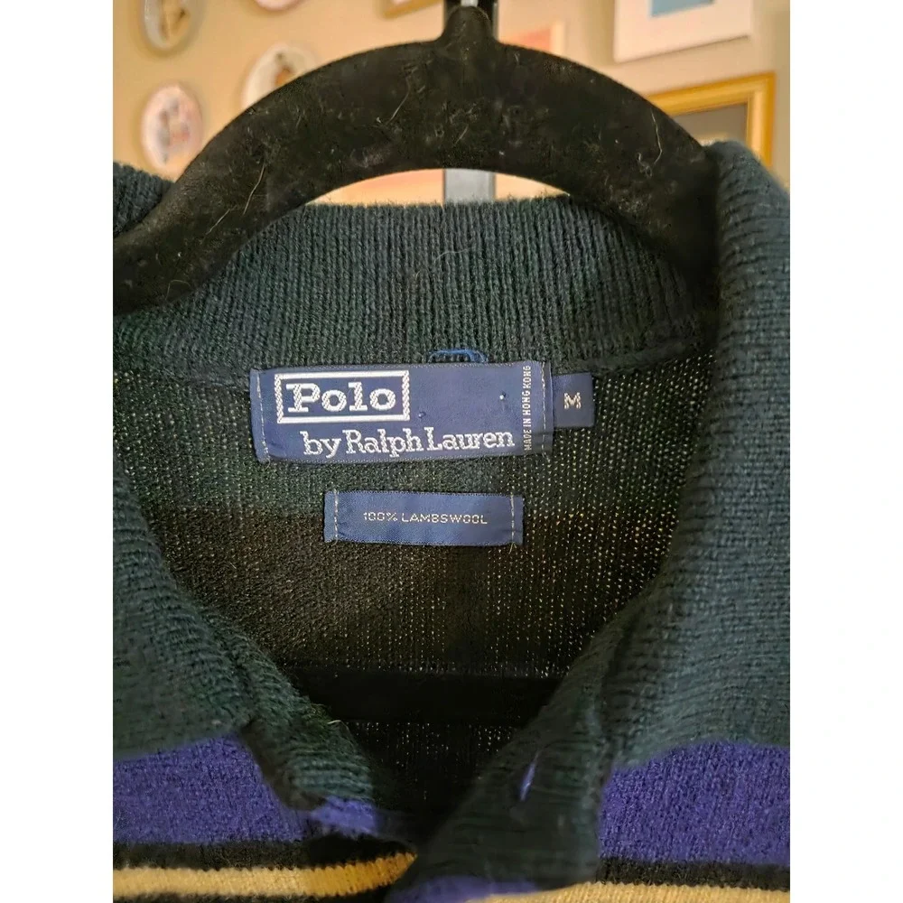 Polo Ralph Lauren Vintage 90s Striped Lambswool Polo‎ Sweater Blue Green